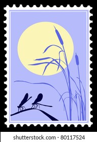 vector silhouette dragonfly on postage stamps