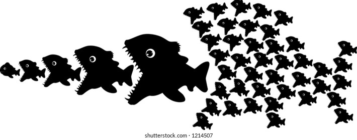 vector silhouette drawing depicting parody of Chinese proverb "BIG FISH EATING SMALL FISH"