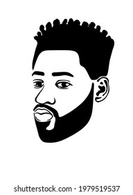 Vector silhouette drawing of the head of a black African American Afro man with Mohawk hair.Male portrait face illustration of a hairstyle of dreadlocks, beard.Human profile isolated on a white.