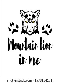Vector silhouette drawing illustration of  Cougar head with yellow eyes and black paws isolated on white background.Badge,emblem,label,tattoo,sticker,embroidery,logo,t shirt print.Mountain lion in me.