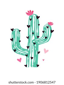 Vector silhouette drawing illustration of cute cartoon blooming green kawaii cactus with black needles in the shape of hearts and pink flowers.Love symbol.Sticker.Cacti summer T shirt print.Pattern.