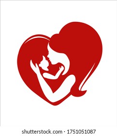 Vector silhouette drawing illustration of a mother holding a baby in her arms in a frame of hair in the shape of a red heart. Family logo design.A woman with a small child.Love symbol.Sticker,poster.