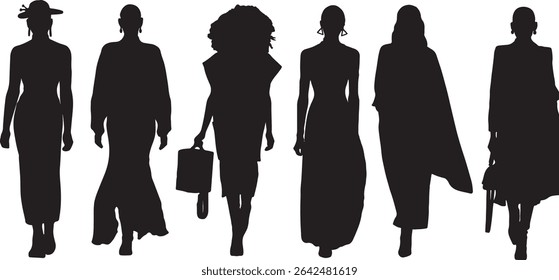 Vector silhouette drawing pack of ladies fashion models cat walking 