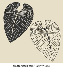 Vector silhouette drawing of palm leaves. Template for design. Line art botany collection.