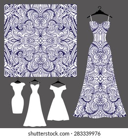 Vector silhouette Dress with tribal seamless pattern.Fashion Vintage decorative elements.Summer party.Ornamental  Ethnic,indian,eastern Template for printing fabric or paper.Illustration background