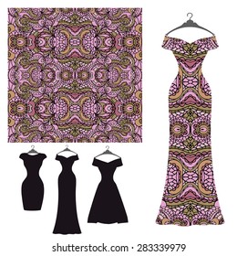 Vector silhouette Dress with tribal seamless pattern.Vintage decorative elements. Summer party.Ornamental Ethnic,indian,eastern Template for printing on fabric or paper.Fashion illustration background