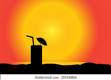 Vector silhouette of a drink on the beach at sunset.