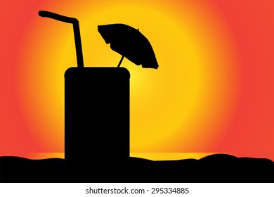 Vector silhouette of a drink on the beach at sunset.