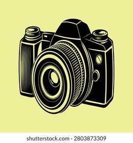 Vector Silhouette of A DSL Camera on a yellow background.