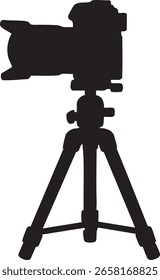 Silueta de Vector de la cámara DSLR en el trípode con diseño negro minimalista sobre fondo blanco