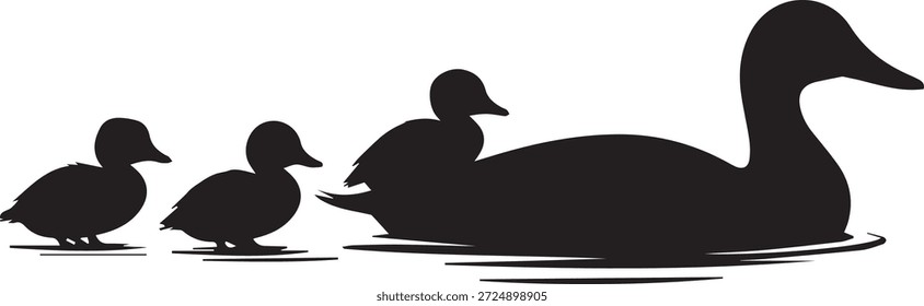 Silhueta vetorial de um pato em preto. Forma simples de ave aquática isolada sobre fundo branco. Perfeito para a vida selvagem, natureza, lagoa, logotipo, ícone, decoração ou projetos educacionais.