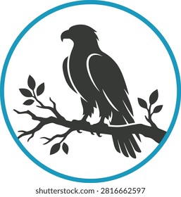 Vector silhouette of an eagle hawk bird perched on a tree branch in circle frame. Clean, scalable, and fully editable EPS vector illustration asset.
