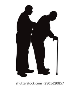 Vector silhouette of elderly man with stick on a white background. Symbol of assistance and healdcare.