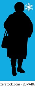 Vector silhouette of a elderly stocky full woman in a fur coat, hat, boots with a bag in her hand stands in front of her full length