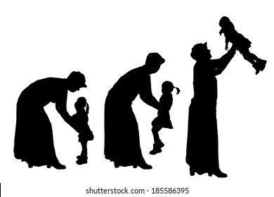 Vector silhouette of an elderly woman with a child.