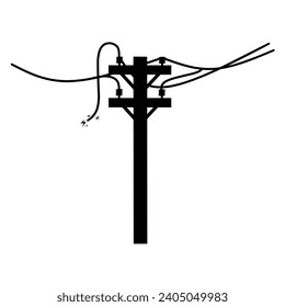 Silueta vectorial de polo eléctrico con cables rotos. Electricidad de alto voltaje con una corriente eléctrica saliendo. Canal peligroso.