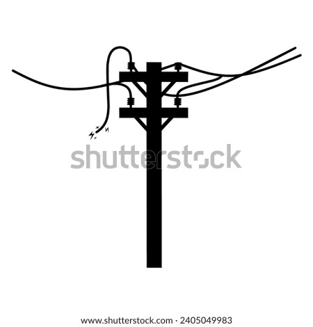 Vector silhouette of electric pole with broken wires. High voltage electricity with an electric current coming out. Dangerous channel.