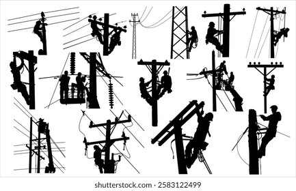 Vector silhouette of a Electrical Power Lineman on a white background.