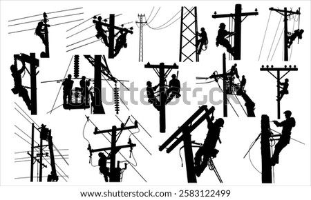 Vector silhouette of a Electrical Power Lineman on a white background.