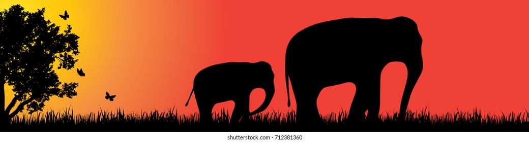 Vector silhouette of elephant in nature at sunset.