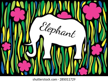 Vector silhouette of an elephant on an abstract jungle background. Can be used as a frame for your text. 