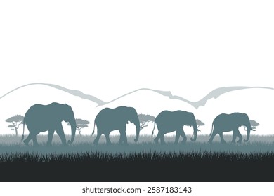 A vector silhouette of an elephant strolling through the grasslands, framed by the vast African forest,  Mountain background and white space, Cool colors.