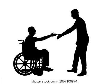 Vector silhouette employer intends to shake hands with a man in a wheelchair. The concept of providing work to people with disabilities