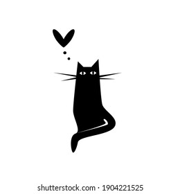 Vector silhouette of enamored black cat and heart symbol. Illustration for Valentines day.