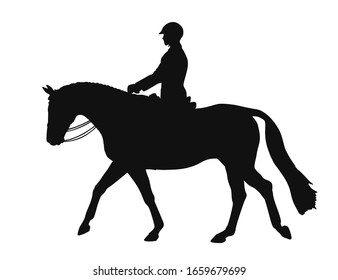 Vector silhouette of a equestrian athlete and horse perform a step during the test