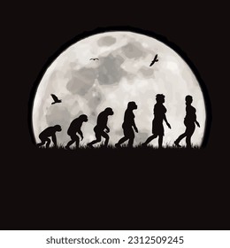 Vector silhouette of evolution on moon background. Symbol of people and night.