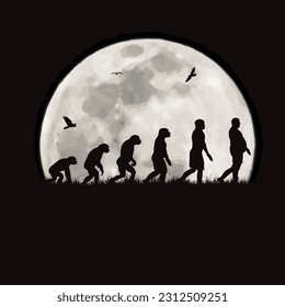 Vector silhouette of evolution on moon background. Symbol of people and night.