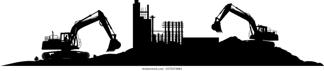 Vector silhouette - excavator on sand hills - construction machine in use - demolition of old industrial plants - industrial ruins