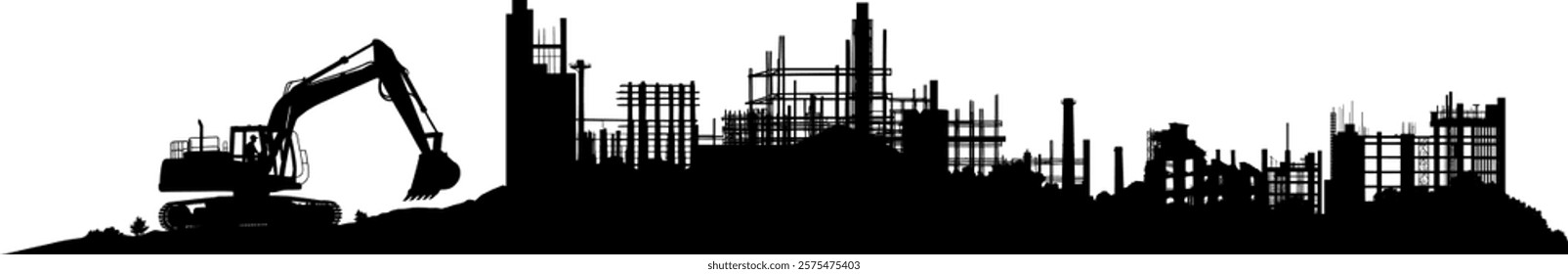 Vector silhouette - excavator on sand hills - construction machine in use - demolition of old industrial plants - industrial ruins