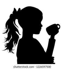 Vector silhouette of face of girl in profile as she drinks her cup of tea.