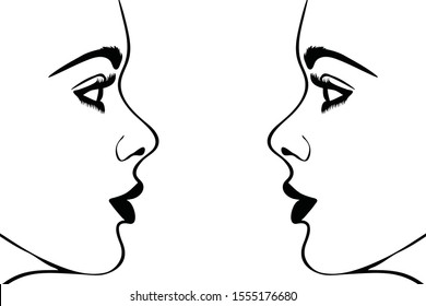 Vector silhouette of woman´s face on white background. Symbol of girl, pretty, nice, fashion, people, person, twins.