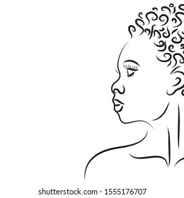 Vector silhouette of woman´s face on white background. Symbol of girl, pretty, nice, fashion, hair, people, person.