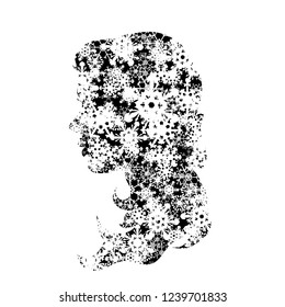 Vector silhouette of face of woman with snowflakes.