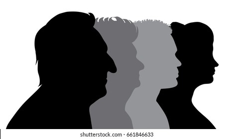 Vector silhouette of faces of different people.