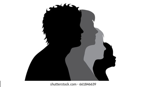 Vector silhouette of faces of family on white background.