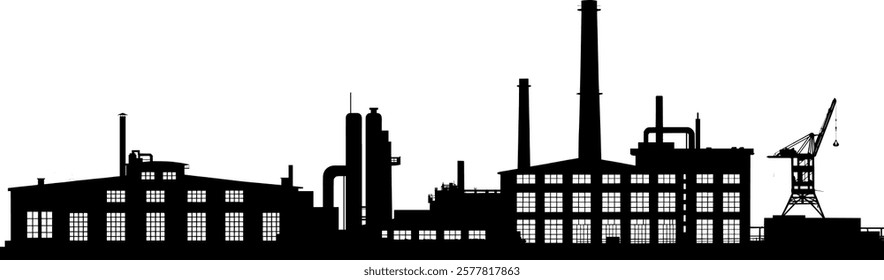 Vector silhouette factory buildings and halls - Old factory buildings for production and storage - Design element - Modernization and environmental protection