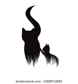Vector silhouette of family of cats in grass in park. Symbol of pet and nature.