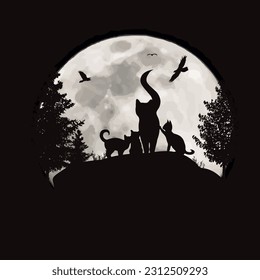 Vector silhouette of family of cats on moon background. Symbol of night and pet animal.