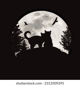 Vector silhouette of family of cats on moon background. Symbol of night and pet animal.
