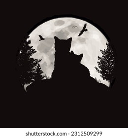 Vector silhouette of family of cats on moon background. Symbol of night and pet animal.