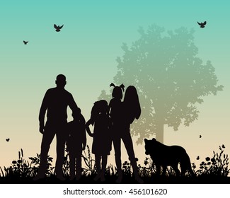 vector silhouette of a family with children and dog 