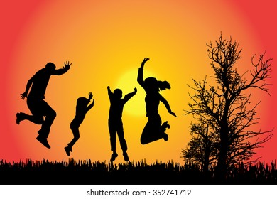 Vector silhouette of a family in the countryside at sunset.