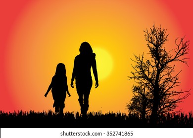 Vector silhouette of a family in the countryside at sunset.