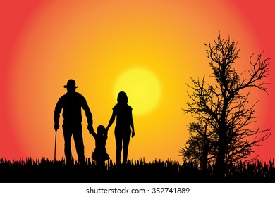 Vector silhouette of a family in the countryside at sunset.