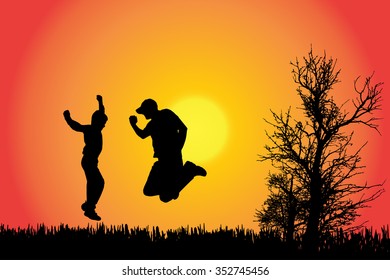 Vector silhouette of a family in the countryside at sunset.