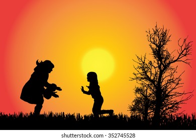 Vector silhouette of a family in the countryside at sunset.